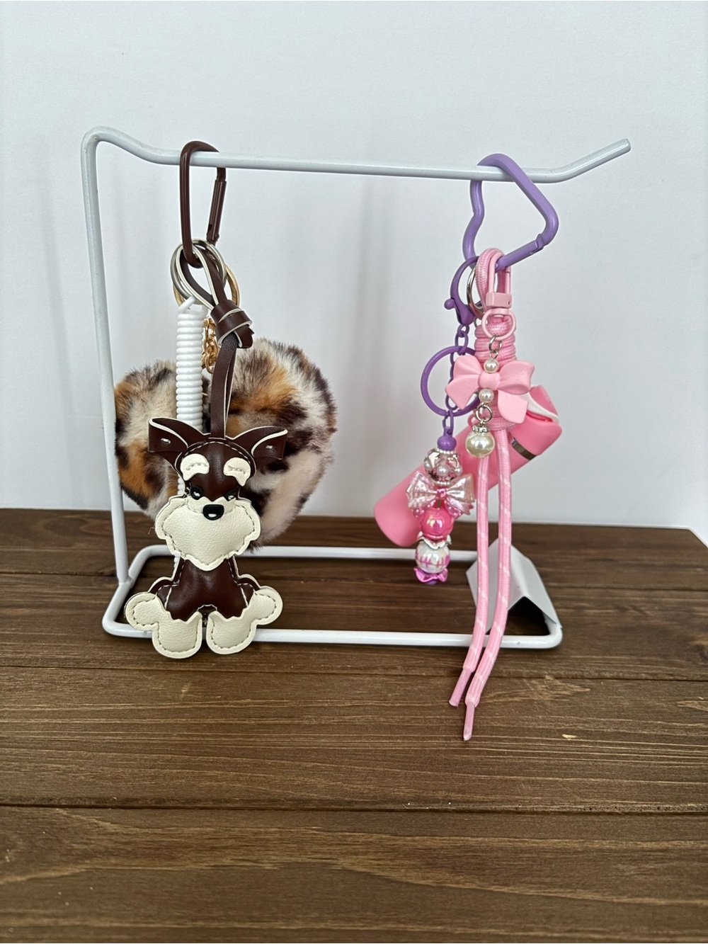 2 PC Leather Dog Keychain with Faux Fur Pom & Pink Bow Charm Set